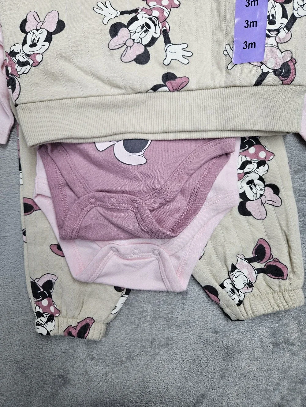 Disney Minnie Mouse 3-Piece Baby Outfit Set, Size 3M Sweatshirt + Bodysuit Pants